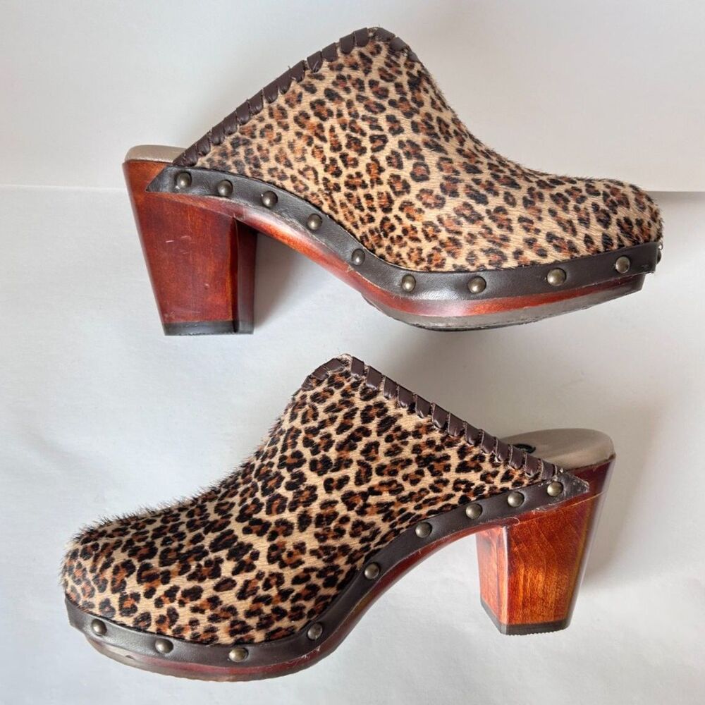 SALPY Studded Hand-Crafted Wooden Platform Leather Leopard Hair Clogs Mules - Picture 2 of 9